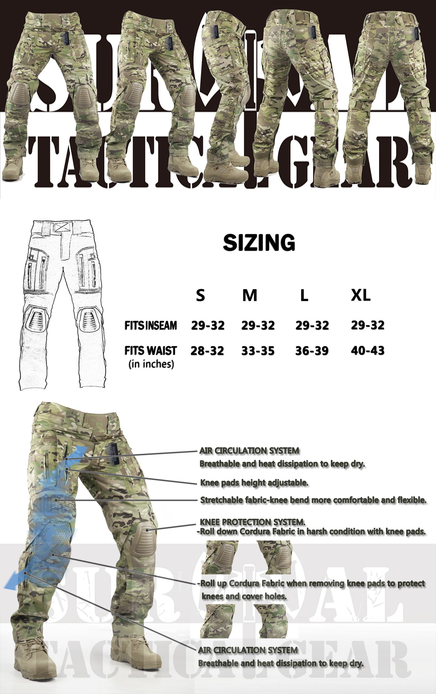 Survival Tactical Pants with Knee Pads